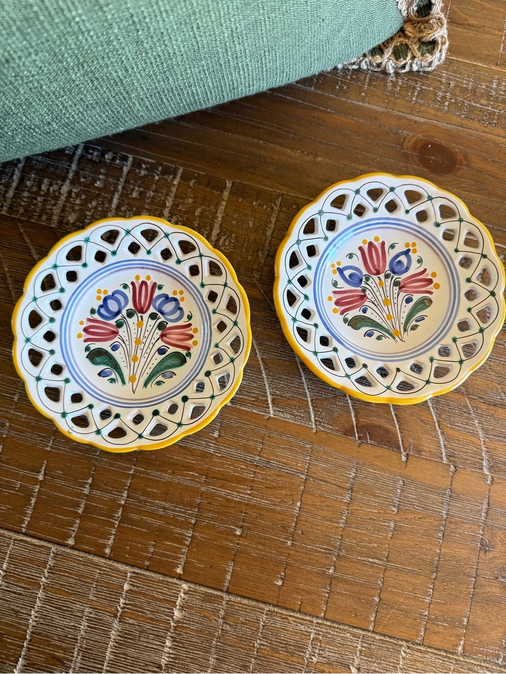 Vintage Modra Slovakia Hand Painted Reticulated Ceramic Folk Art Plates Set of 2